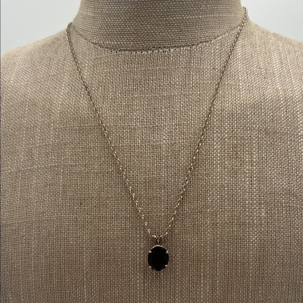 Garnet and Sterling Silver Necklace with Oval Stone Pendant